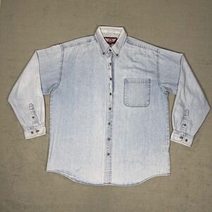 Vintage 90s Light Wash Denim Button Down Shirt Mens L Oversized Stonewash Cotton